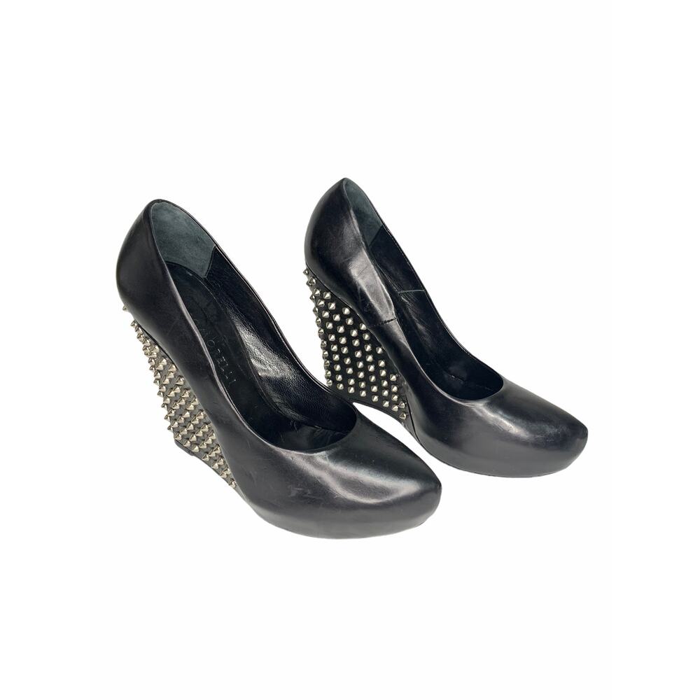 Giacomorelli black‎ leather studded wedge